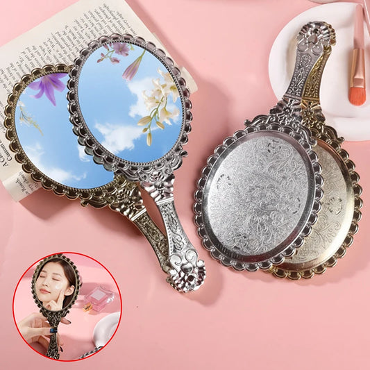 L597 Vintage Patterned Handheld Makeup Mirror Hand Hold Oval Round Mirror Noble Restore Ancient Ways Court Mirror Beauty Tool