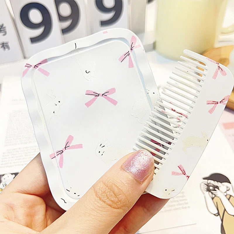 TSHOU1088 White Rabbit Bow Flip-Top Folding Makeup Mirror Portable Pocket Mirror Women Rectangle Cosmetic Make Up Mirror With Comb