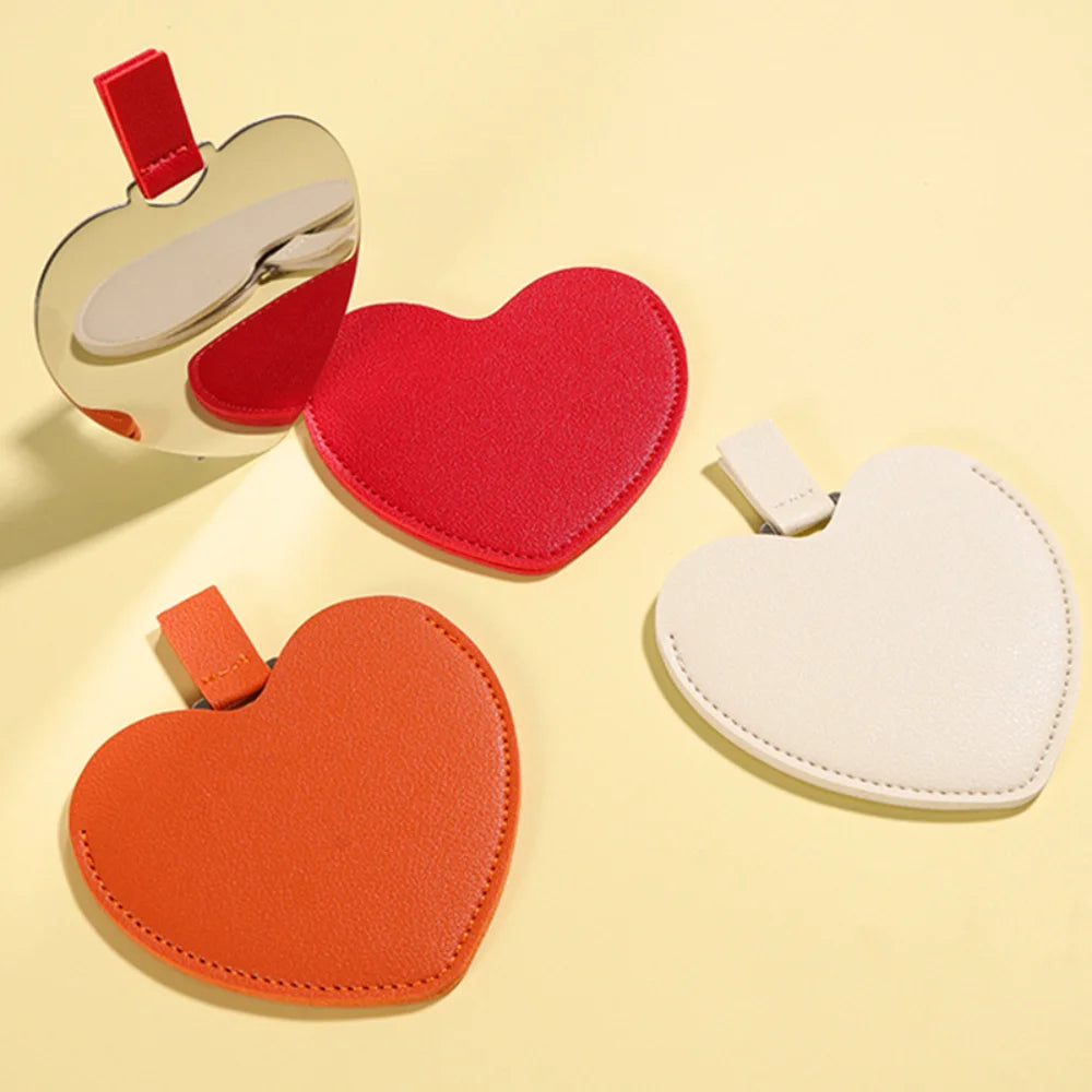 CASHOU194  Love Heart Shaped Makeup Mirror Stainless Steel Ultra-thin Cosmetic Mirrors Mini Potable Pocket Mirror with PU Leather Bag