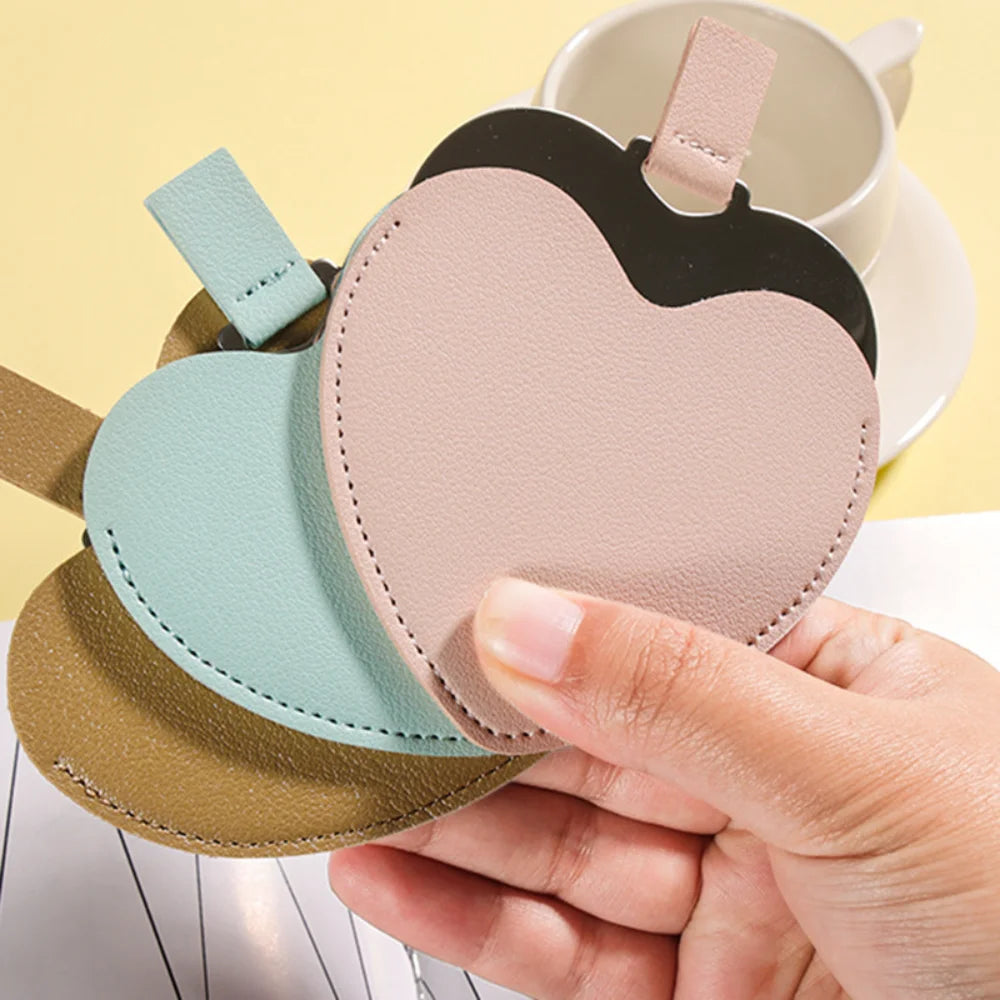 CX503  Love Heart Shaped Makeup Mirror Stainless Steel Ultra-thin Cosmetic Mirrors Mini Potable Pocket Mirror with PU Leather Bag
