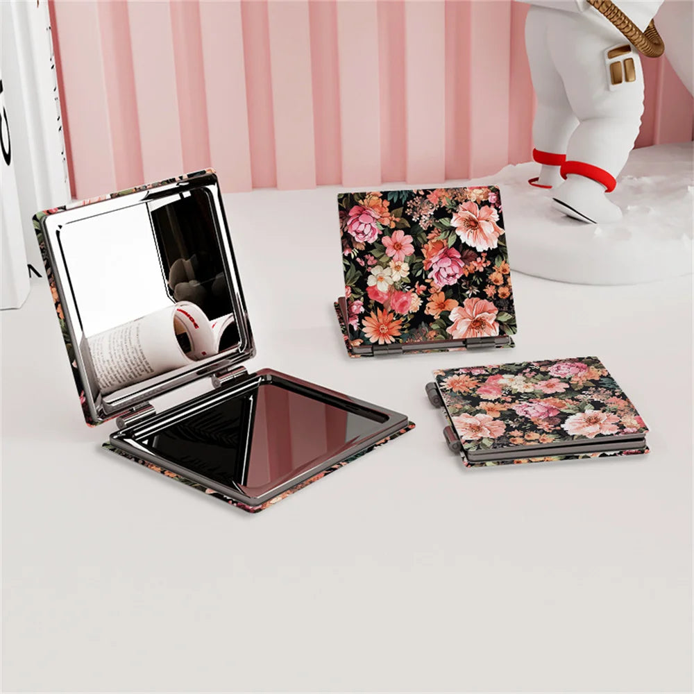CX524 Flower Printed Makeup Mirror PU Leather Cover Foldable Cosmetic Mirror Portable Mini Double-Sided Vanity Women Make up Tools