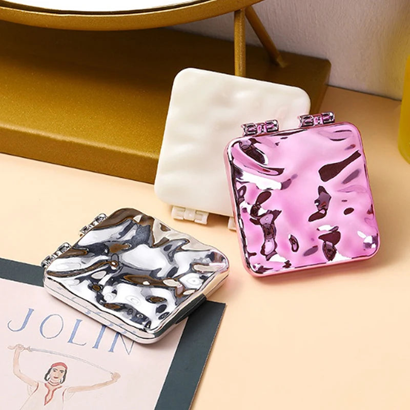 CX490 Foldable Plating Makeup Mirror Mini Square Makeup Vanity Mirror Portable Hand Mirrors Double-Sided Compact Mirror Pocket Mirror