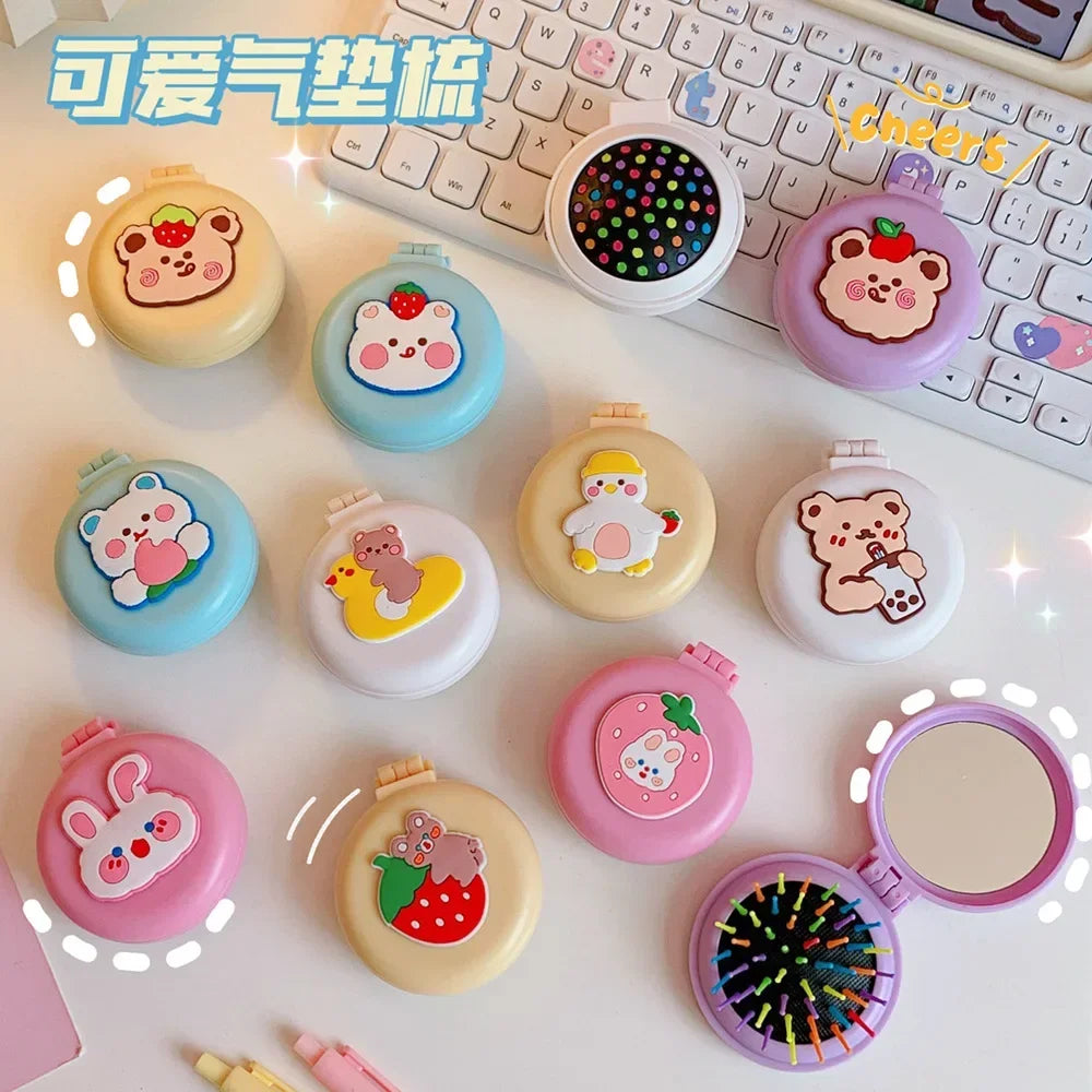 L569 Cute Cartoon Foldable Combs with Mirrors Girls Small Compact Kawaii Folding Comb Children Air Cushion Hair Styling Comb Portable