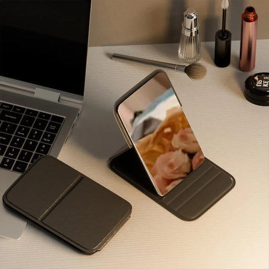 SET61 Desktop Makeup Mirror Solid Color PU Leather Simple Portable Handheld Makeup Mirror Foldable Student Compact Cute Pocket Mirror