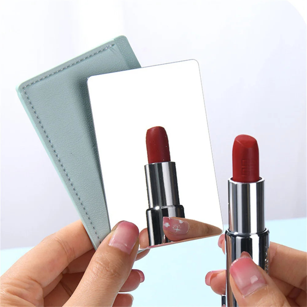 TSHOU1099 Portable Mini Unbreakable Makeup Mirror Shatter Proof Pocket Cosmetic Mirror Pu Leather Stainless Steel Card