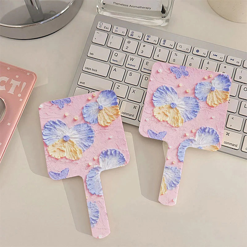 L575  Square Handheld Vanity Mirror Makeup Mirror Portable Fashion Ins Flower Pattern Compact Handle Mirror for Girls Travel Tools