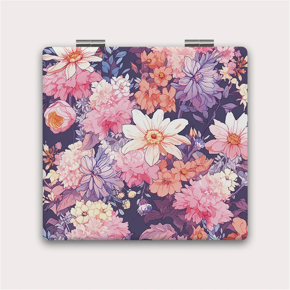 CX505 Flower Printed Makeup Mirror PU Leather Cover Foldable Cosmetic Mirror Portable Mini Double-Sided Vanity Women Make up Tools