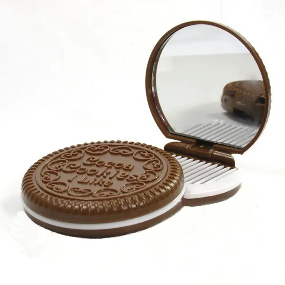 CX499 Mini 2 in 1 Comb Mirror Set Folding Comb Pocket Mirror Makeup Mirror with Comb Set Cute Portable Chocolate Cookie Shaped