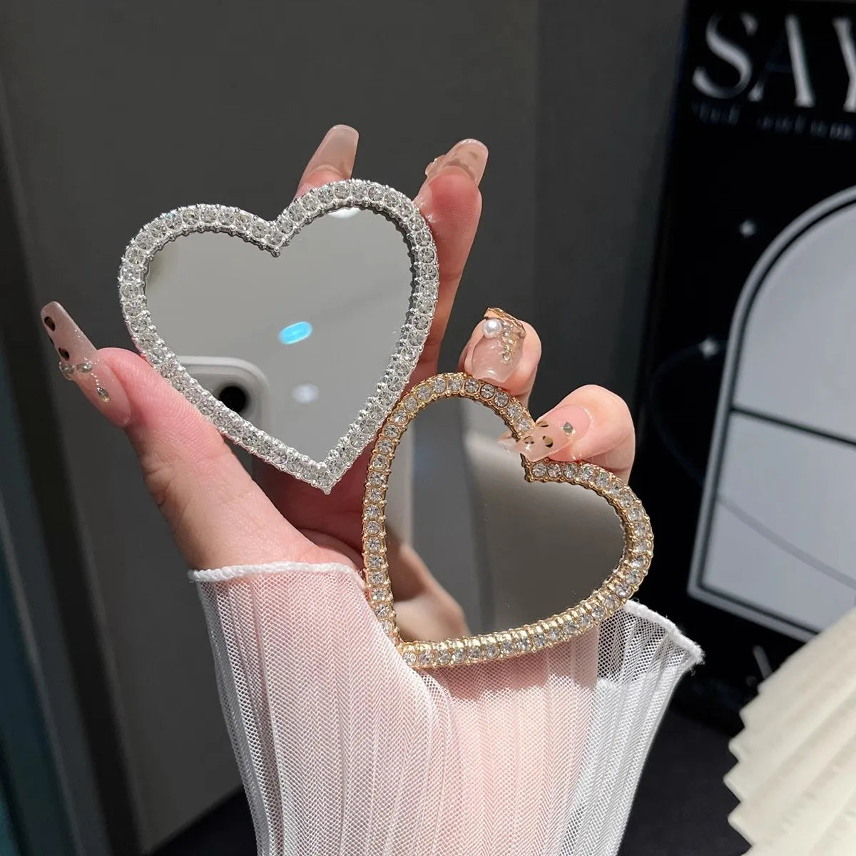 CX522  Diamond Heart Shape Mini Mirror Pocket Makeup Mirror Portable Handheld Mirrors Diy Mobile Phone Case Jewelry Acc Materials