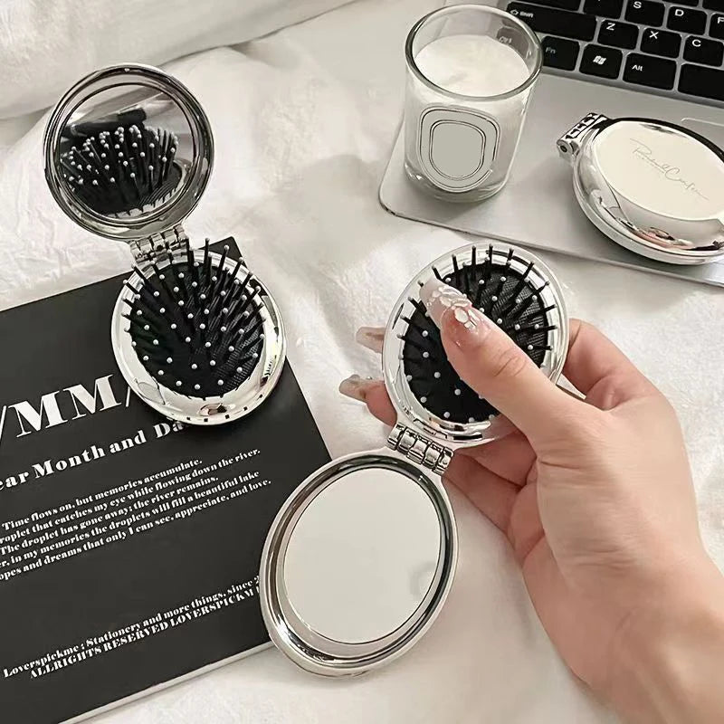 CX514 Mini Portable Folding Comb Mirror Air Cushion Silver Plating Hair Comb Cosmetic Travel Pocket Hair Brush Makeup Tool Gift