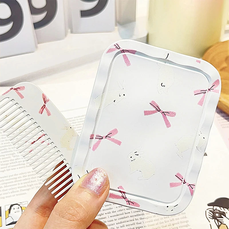 TSHOU1088 White Rabbit Bow Flip-Top Folding Makeup Mirror Portable Pocket Mirror Women Rectangle Cosmetic Make Up Mirror With Comb