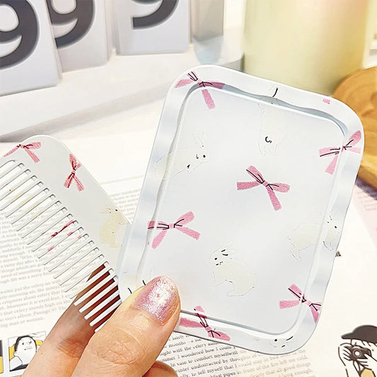 TSHOU1088 White Rabbit Bow Flip-Top Folding Makeup Mirror Portable Pocket Mirror Women Rectangle Cosmetic Make Up Mirror With Comb