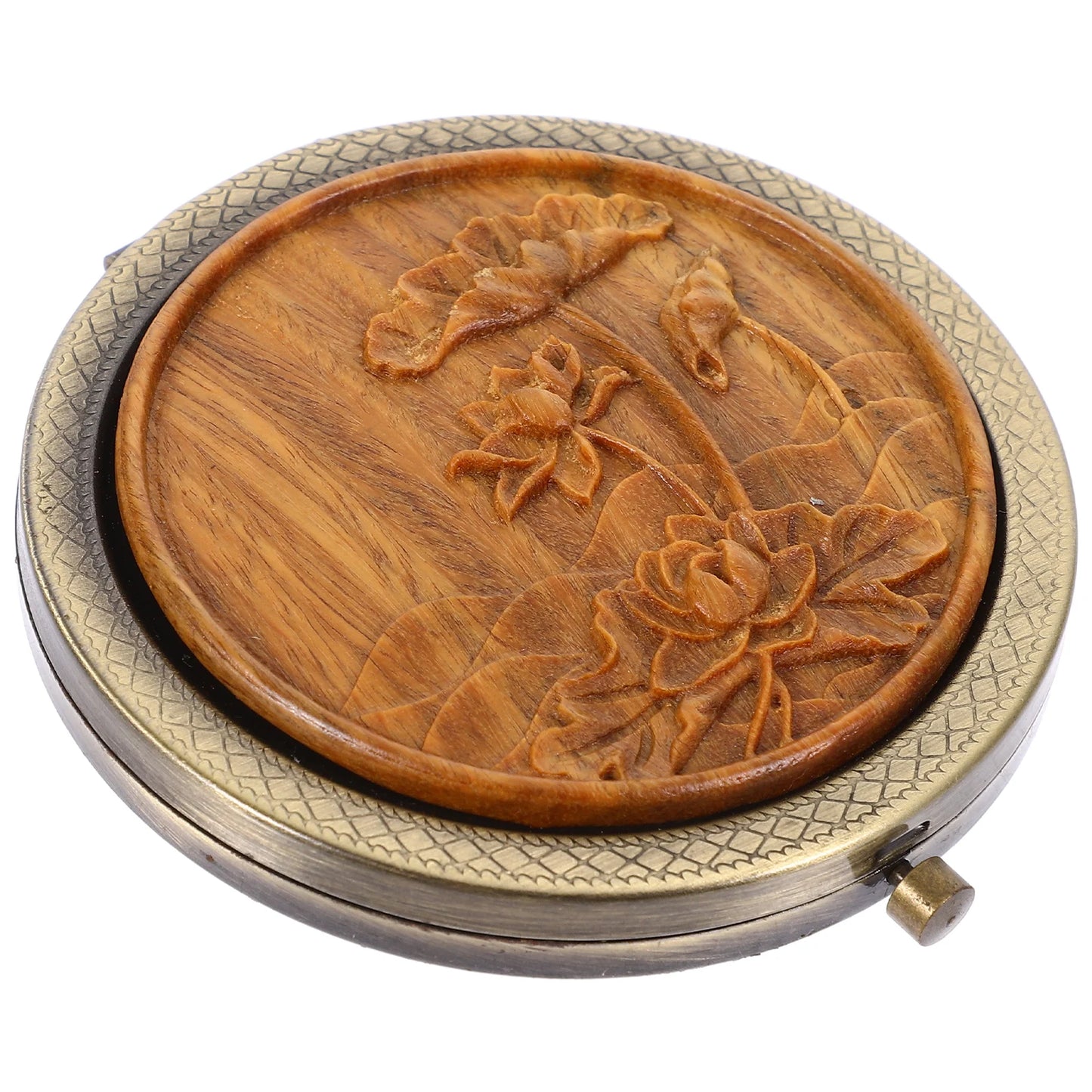 CX485 Lotus Double-sided Mirror Portable Travel Vanity Mini Glass Compact Green Sandalwood Carving Makeup Mirror