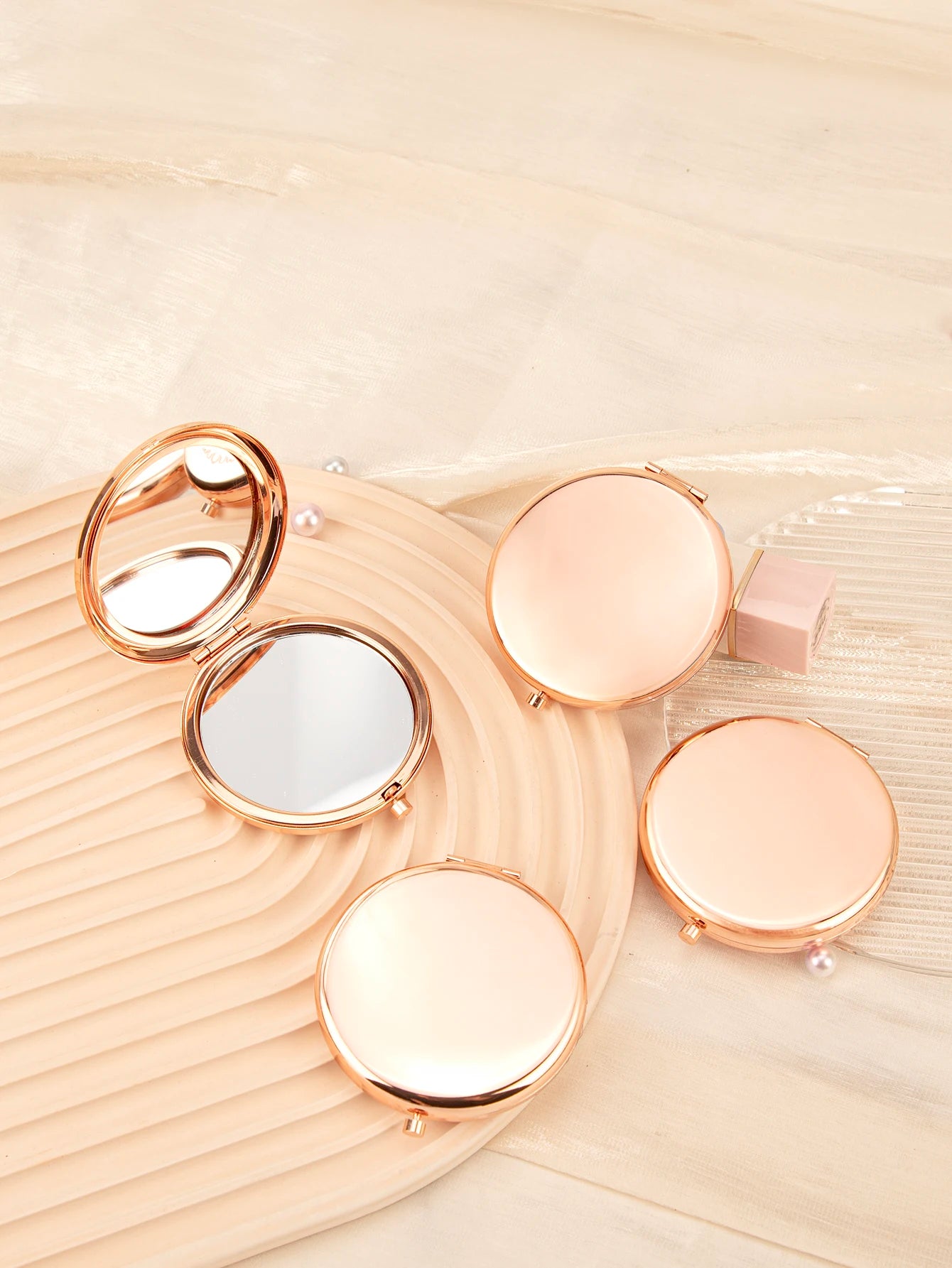 TSHOU1091「65mm Rose Gold Mirror」Double Side Round Makeup Mirror - HD Portable Pocket Mirror for Women Girls, Travel, Purse, Cosmetic (Gif
