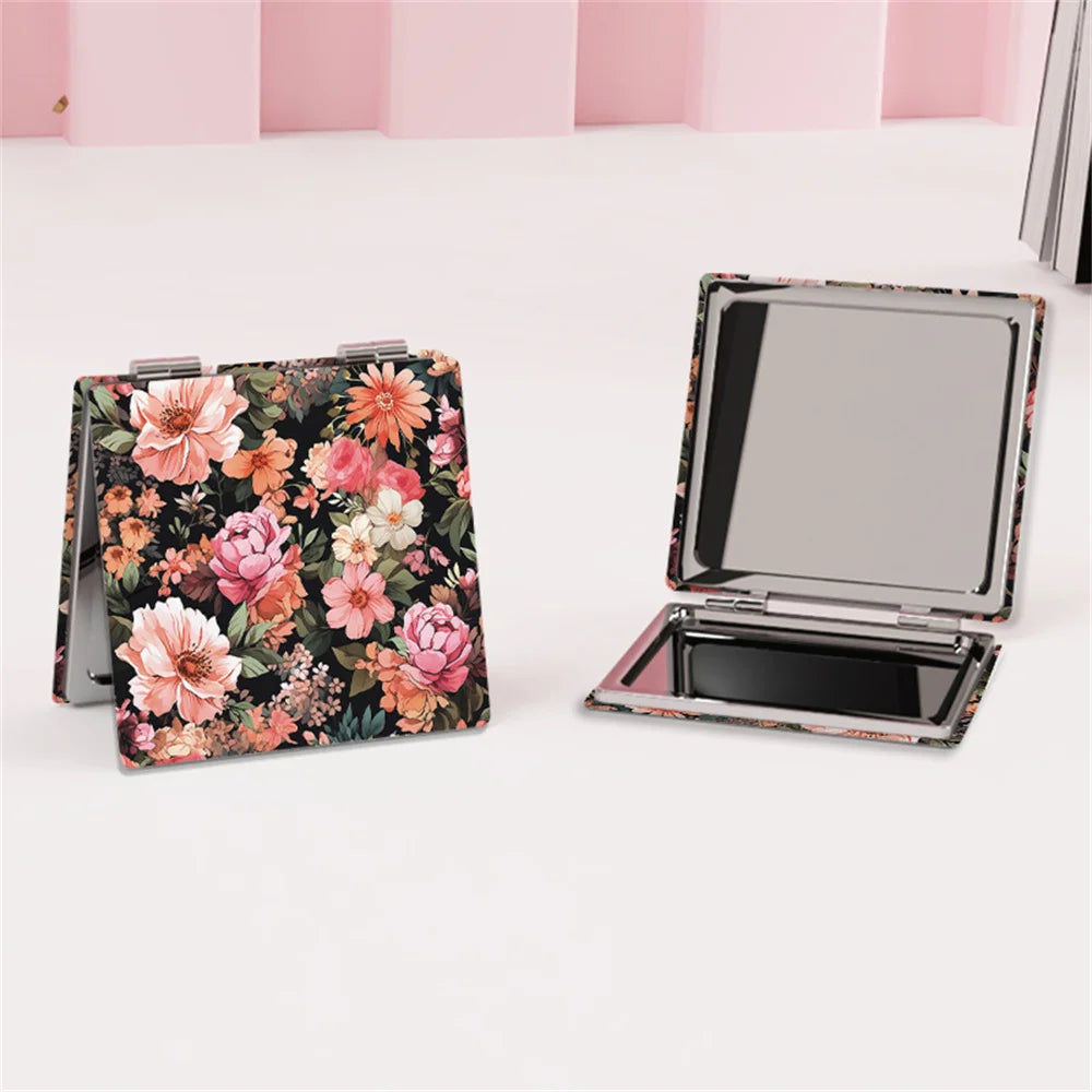 L634 Flower Printed Makeup Mirror PU Leather Cover Foldable Cosmetic Mirror Portable Mini Double-Sided Vanity Women Make up Tools