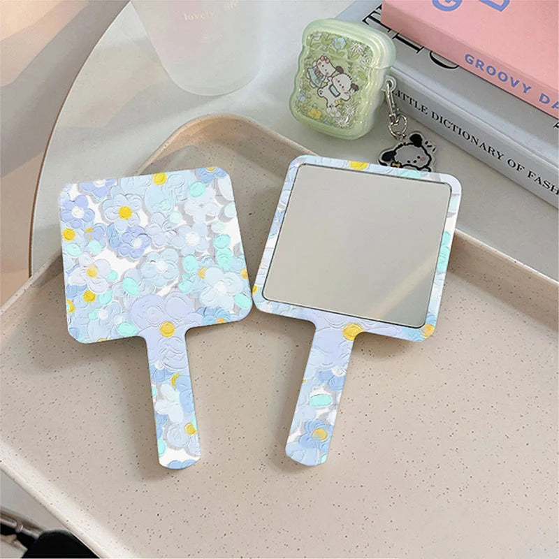 TSHOU1096 Pink Flower Square Hand-Held Make-Up Mirror For Woman Girs Portable Portable Handle Cosmetic Mirror Small Makeup Tools