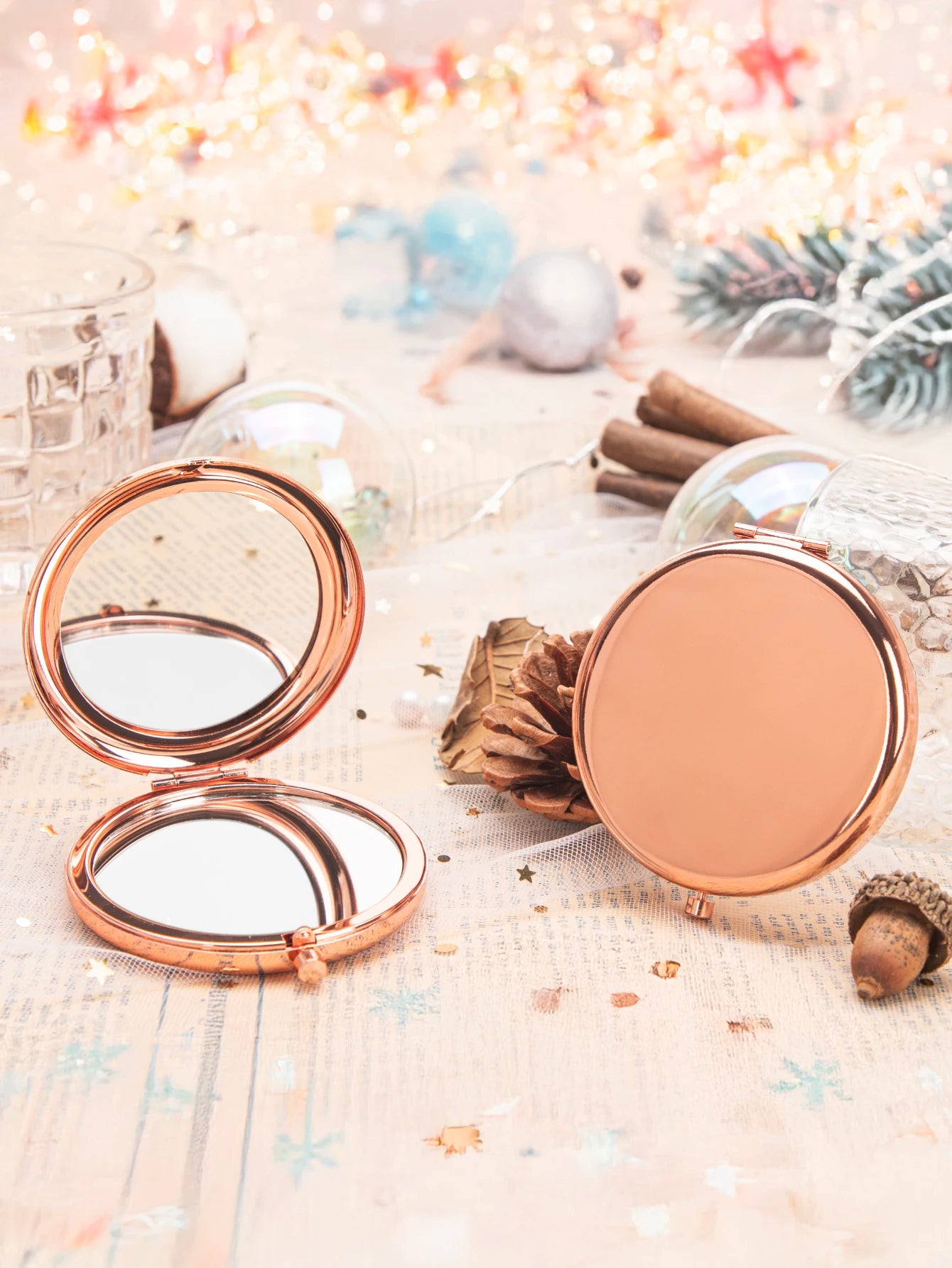 TSHOU1091「65mm Rose Gold Mirror」Double Side Round Makeup Mirror - HD Portable Pocket Mirror for Women Girls, Travel, Purse, Cosmetic (Gif