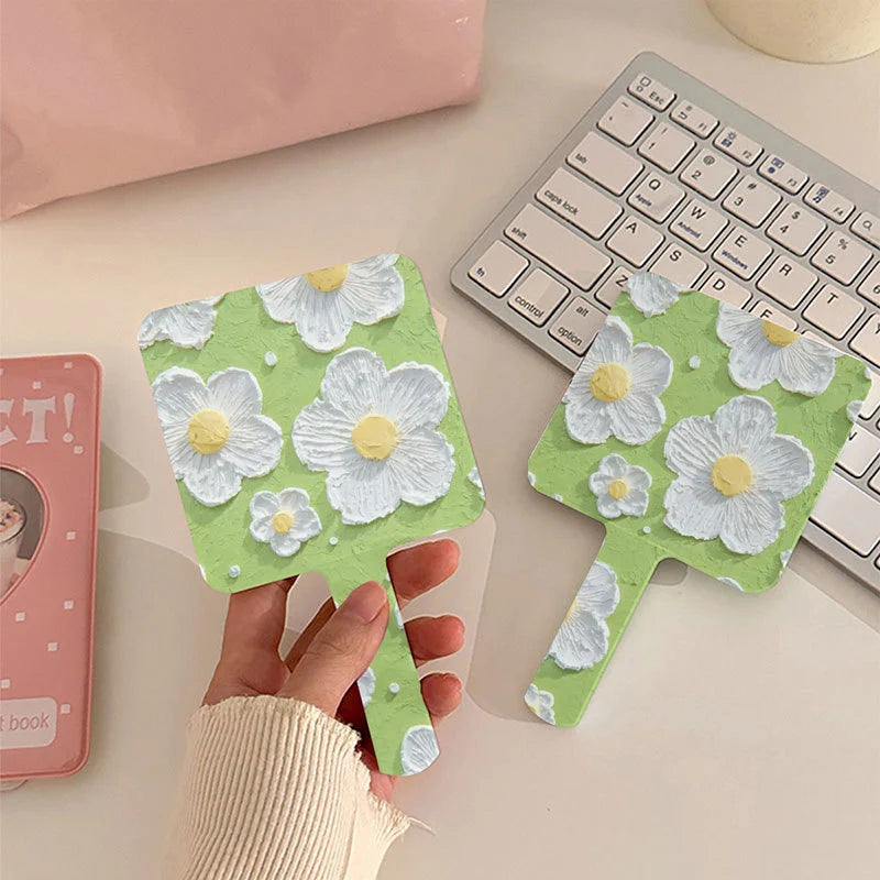 L575  Square Handheld Vanity Mirror Makeup Mirror Portable Fashion Ins Flower Pattern Compact Handle Mirror for Girls Travel Tools