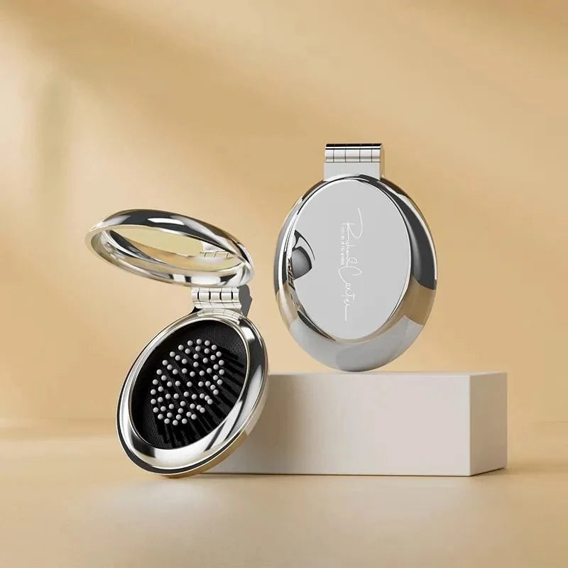 CX514 Mini Portable Folding Comb Mirror Air Cushion Silver Plating Hair Comb Cosmetic Travel Pocket Hair Brush Makeup Tool Gift