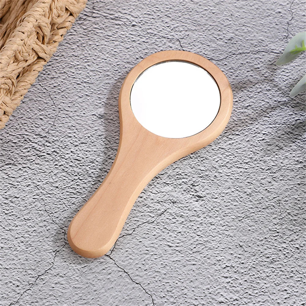 TSHOU1097 New Small Portable Bamboo Makeup Mirror Handmade Handle Round Cosmetic Mirror with Single Handle Personal Vanity Handheld Mirror