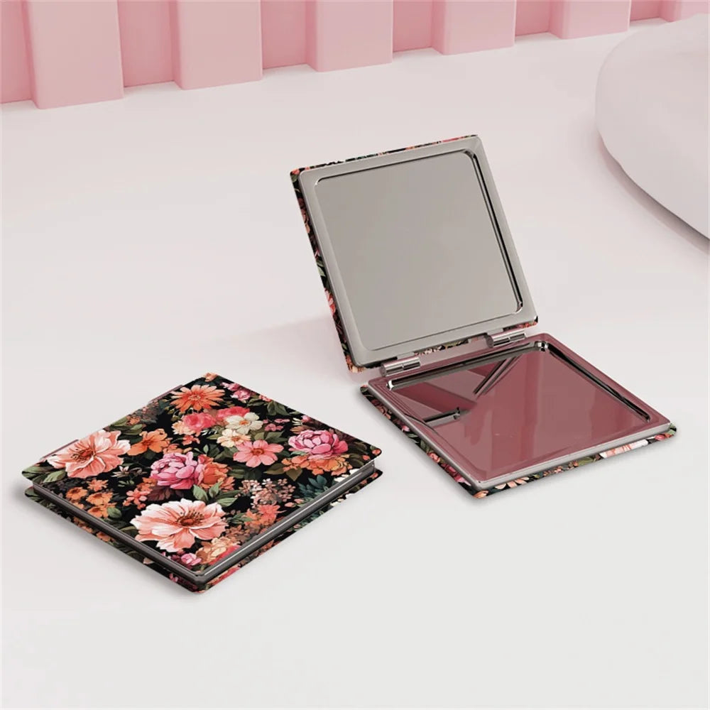 L634 Flower Printed Makeup Mirror PU Leather Cover Foldable Cosmetic Mirror Portable Mini Double-Sided Vanity Women Make up Tools