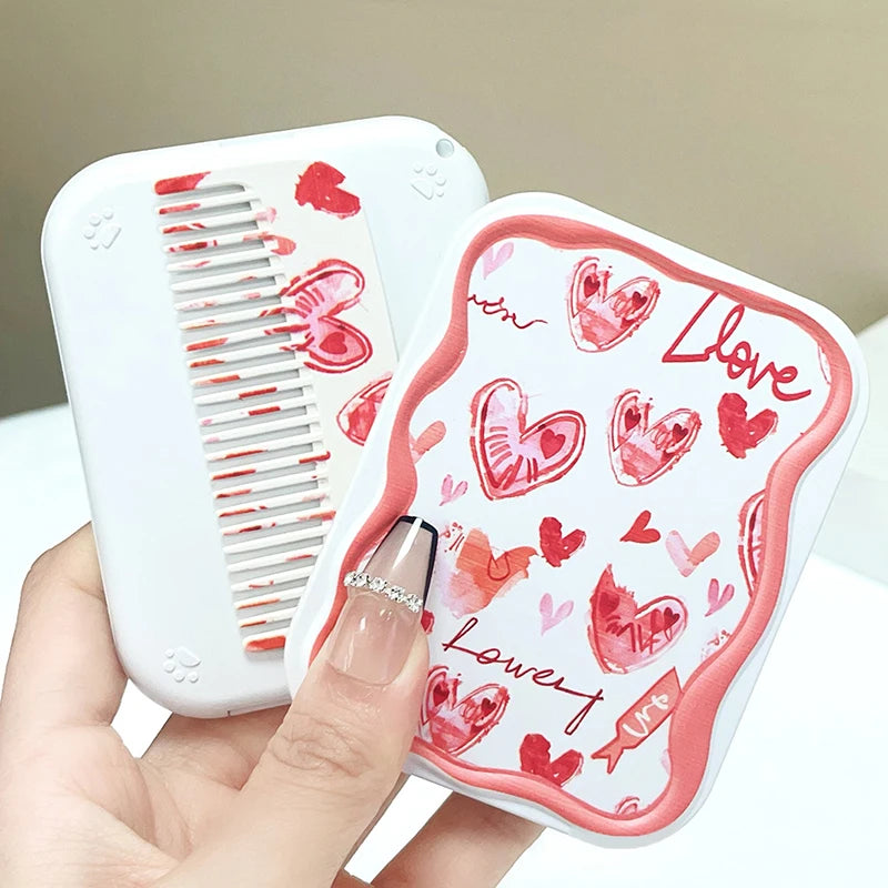 CX488 Small Mirror Comb Portable Pocket Mirror Love Flip-Top Folding Rectangle Makeup Mirror For Girl Gift Makeup Tool Vanity Miror