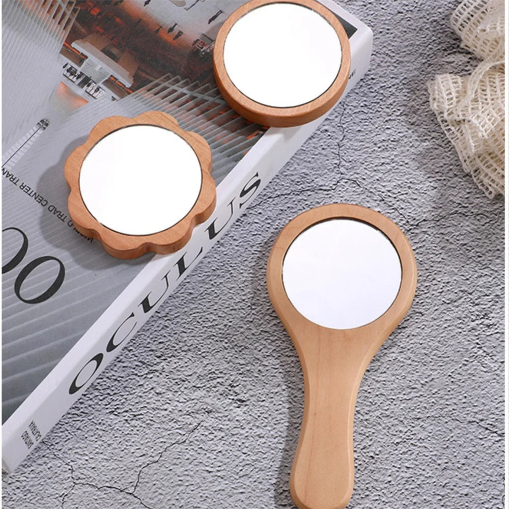 TSHOU1097 New Small Portable Bamboo Makeup Mirror Handmade Handle Round Cosmetic Mirror with Single Handle Personal Vanity Handheld Mirror