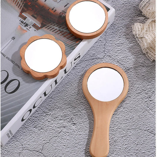 TSHOU1097 New Small Portable Bamboo Makeup Mirror Handmade Handle Round Cosmetic Mirror with Single Handle Personal Vanity Handheld Mirror