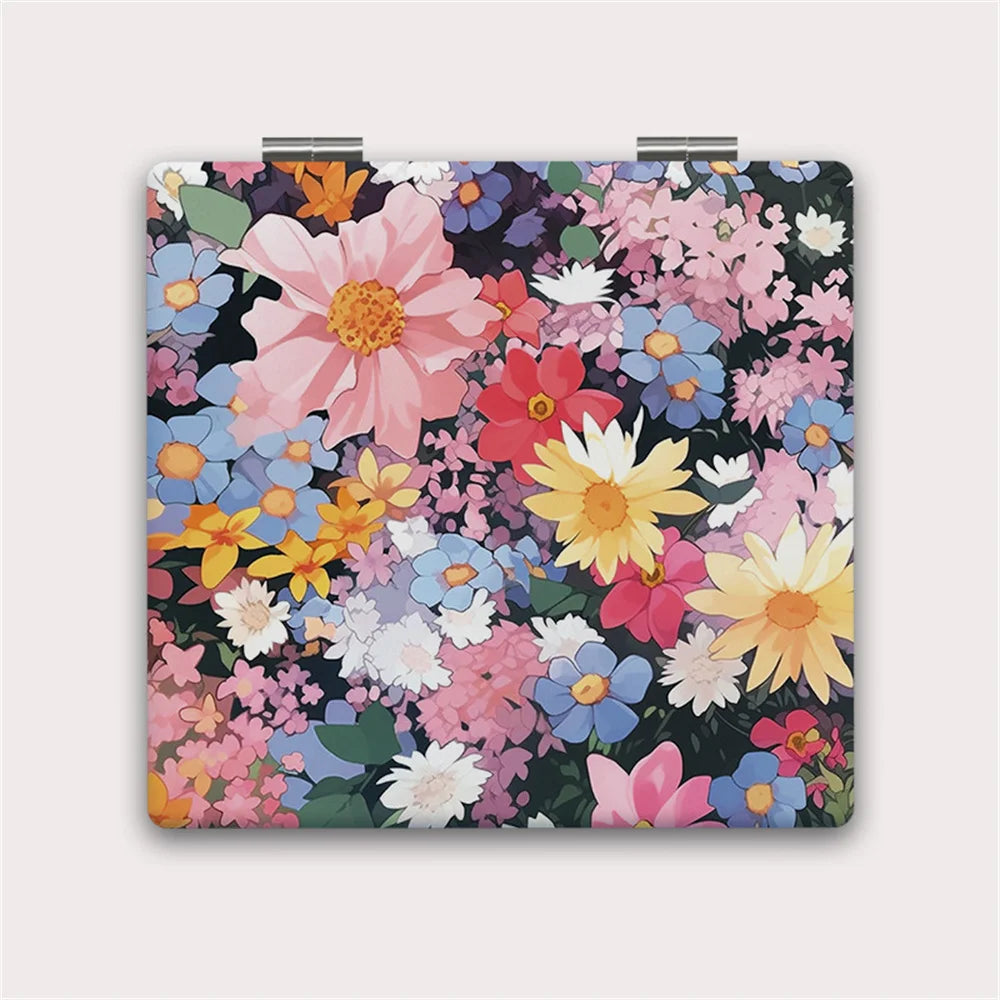 CX505 Flower Printed Makeup Mirror PU Leather Cover Foldable Cosmetic Mirror Portable Mini Double-Sided Vanity Women Make up Tools
