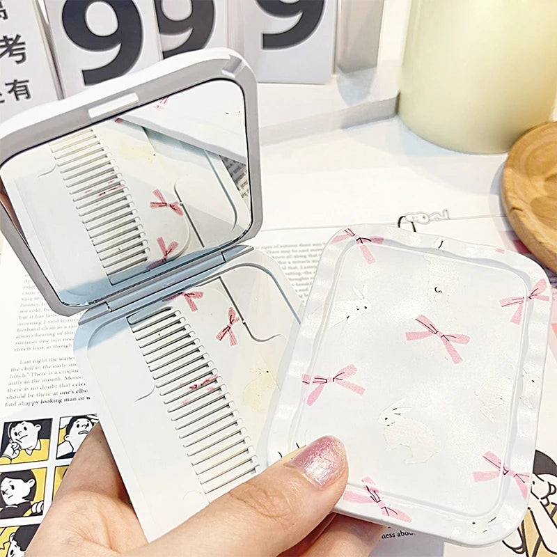 TSHOU1088 White Rabbit Bow Flip-Top Folding Makeup Mirror Portable Pocket Mirror Women Rectangle Cosmetic Make Up Mirror With Comb
