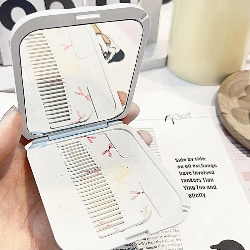 TSHOU1088 White Rabbit Bow Flip-Top Folding Makeup Mirror Portable Pocket Mirror Women Rectangle Cosmetic Make Up Mirror With Comb