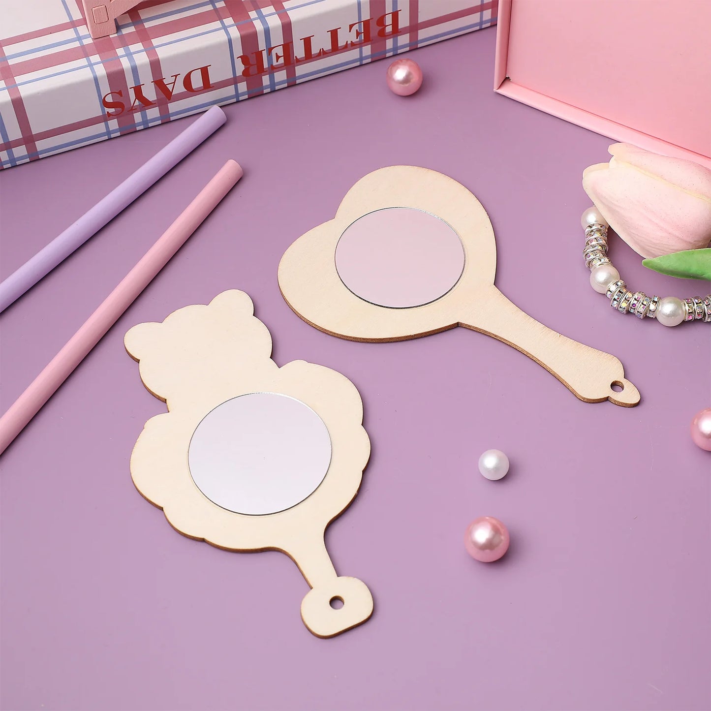 CX517  Natural Wood Mirror Craft Toy Unfinished Mini Mirrors Diy Handheld Painting Crafts For Creative Wooden Small Makeup