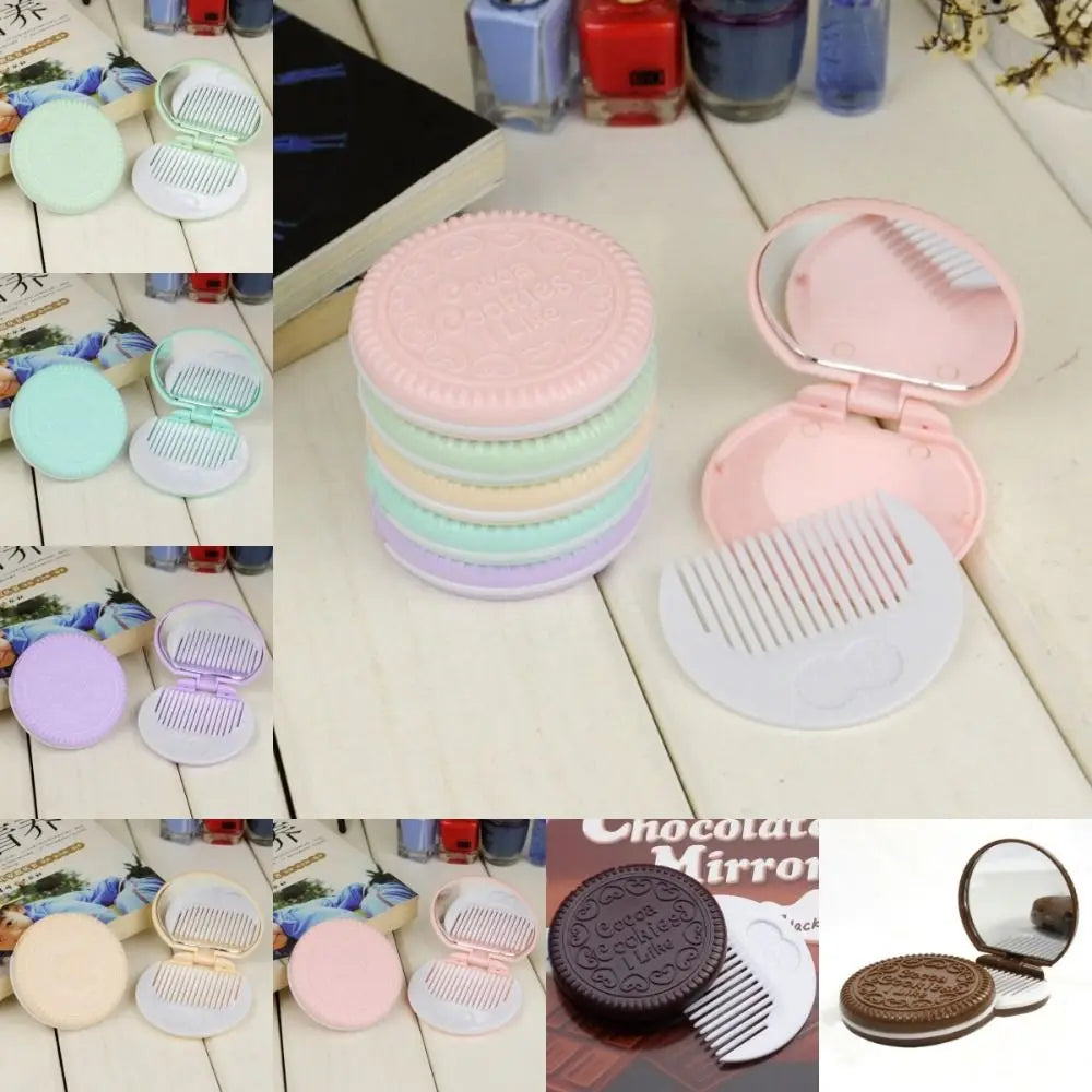 CX499 Mini 2 in 1 Comb Mirror Set Folding Comb Pocket Mirror Makeup Mirror with Comb Set Cute Portable Chocolate Cookie Shaped