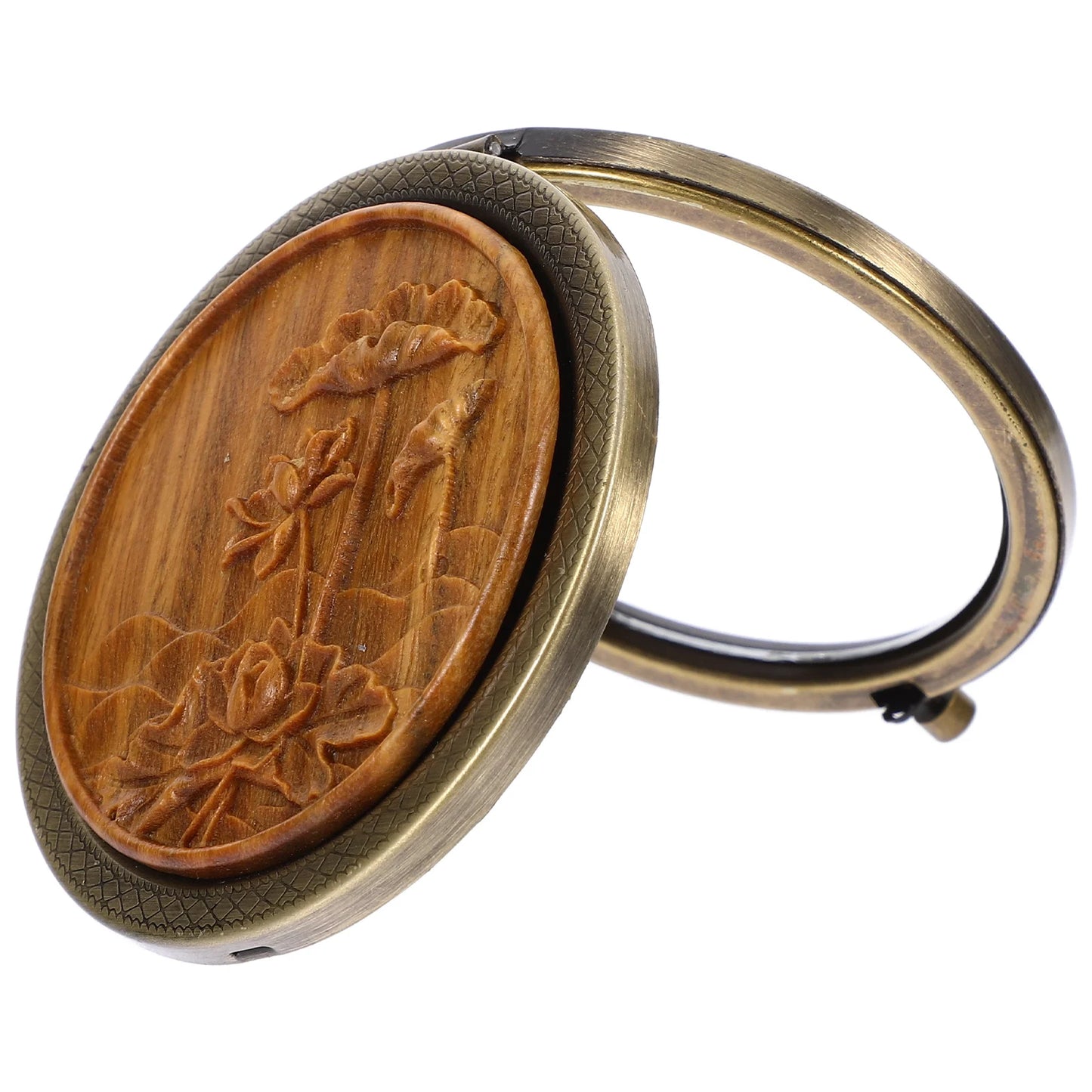 CX485 Lotus Double-sided Mirror Portable Travel Vanity Mini Glass Compact Green Sandalwood Carving Makeup Mirror
