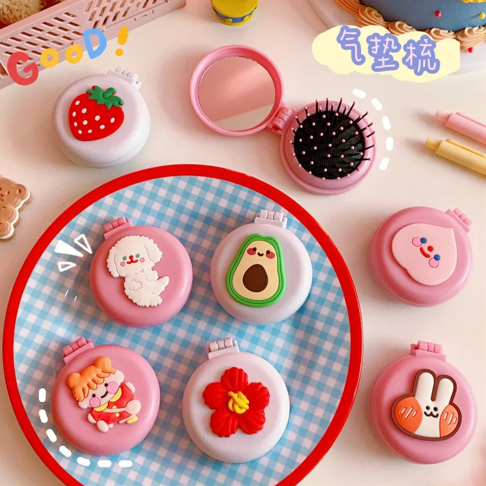 L569 Cute Cartoon Foldable Combs with Mirrors Girls Small Compact Kawaii Folding Comb Children Air Cushion Hair Styling Comb Portable