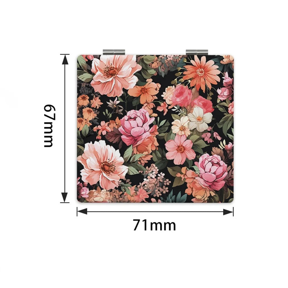 L634 Flower Printed Makeup Mirror PU Leather Cover Foldable Cosmetic Mirror Portable Mini Double-Sided Vanity Women Make up Tools