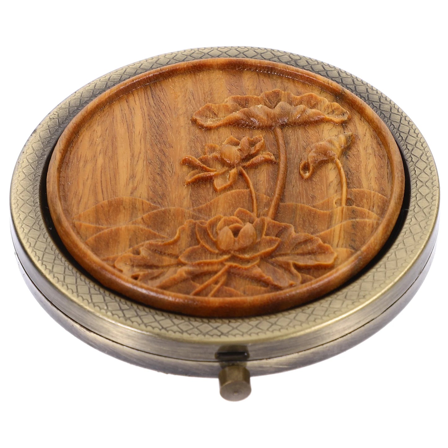 CX485 Lotus Double-sided Mirror Portable Travel Vanity Mini Glass Compact Green Sandalwood Carving Makeup Mirror