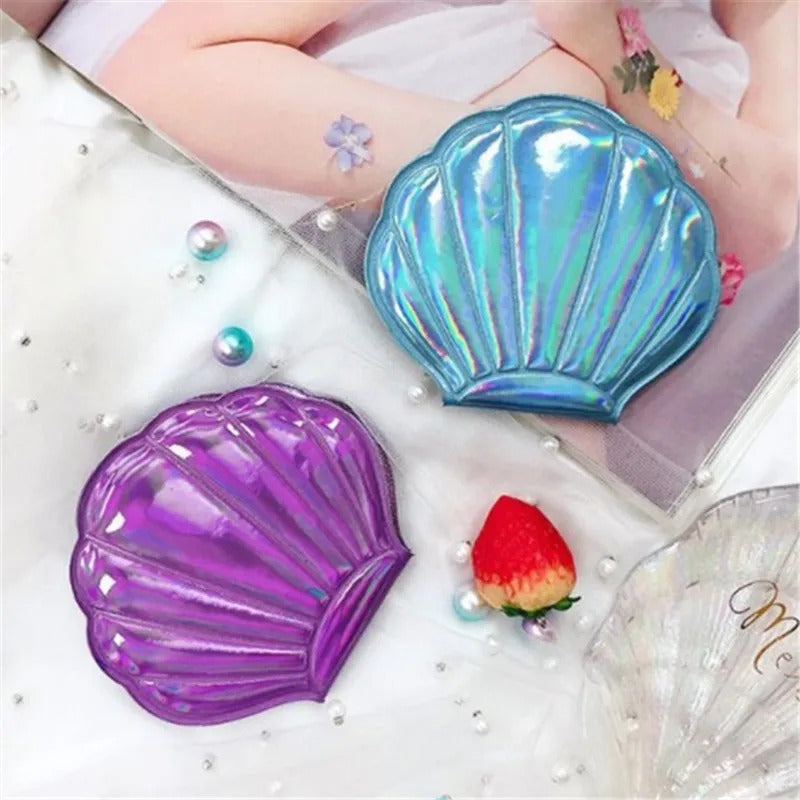 TSHOU849 Shell Shape Makeup Mirror 2X Magnifying Mirror Portable Makeup Vanity Foldable Laser Pocket Mirror