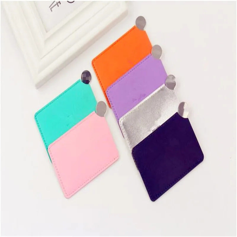 TSHOU683 Portable Mini Shatter Proof Card Style Pocket Cosmetic Mirror PU Leather Cover Stainless Steel Unbreakable Makeup