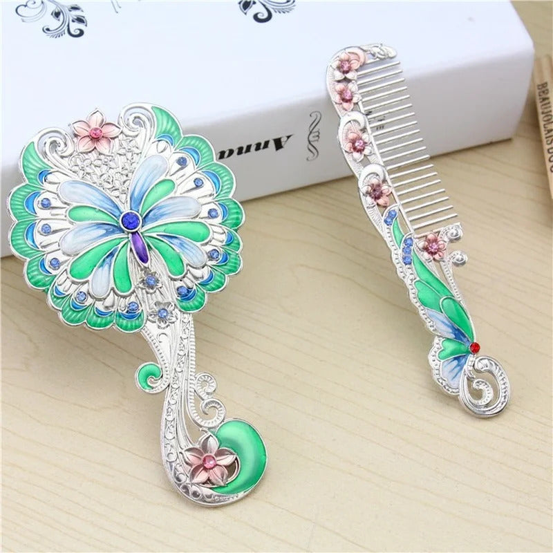TSHOU575 Handle Mirror Comb Retro Euporen 3D Butterfly Pattern Portable Makeup Mirror Comb Set Princess Mirror