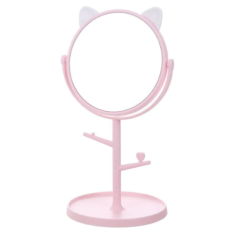 CX226  Makeup Mirror Table Desktop Countertop Base Use for Bathroom Travel Ordinary Pink Cat Ear Mirror