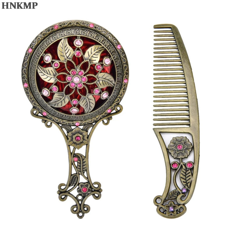 GU492  Women Chic Retro Vintage pocket Mirror Compact Makeup Mirrors Comb Set Hand Make Up Bronze Hollowed-Out Make Up