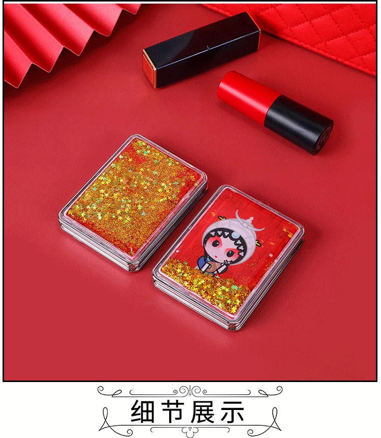 DSHOU185 Makeup Mirror Magnifying Quicksand Sequin Chinese Opera Doll Cartoon Pattern Portable Pocket