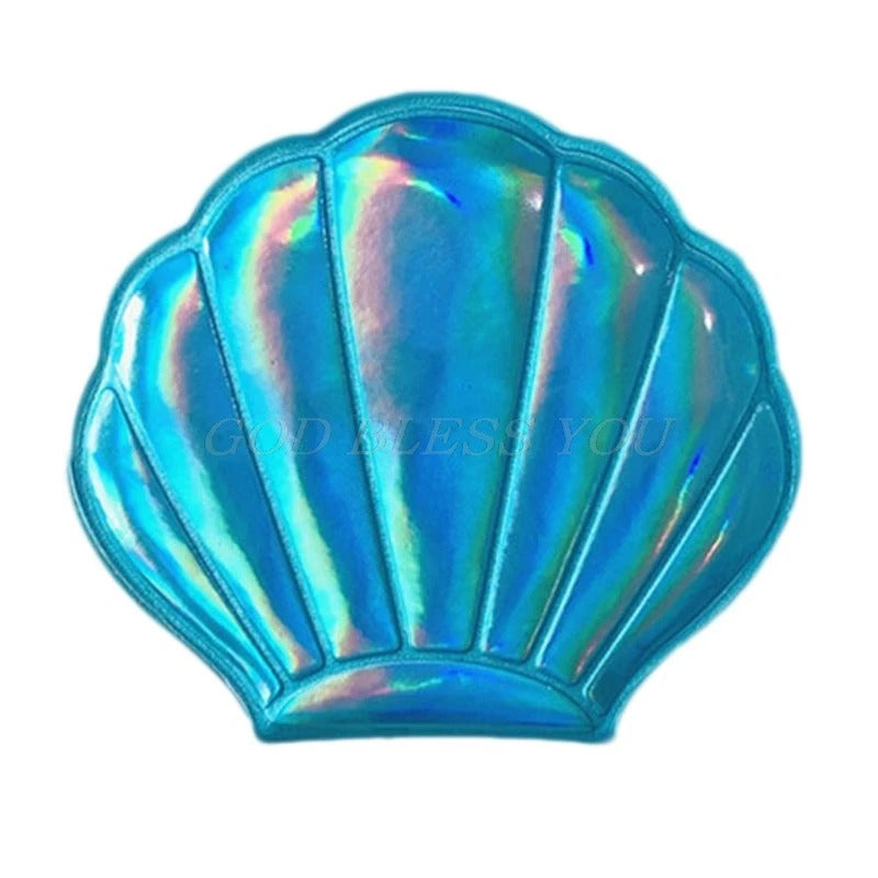 CX192  Creative Sea Shell Shaped Holographic Rainbow Colored Magnifying Compact Cosmetic Double Sided Folding Pocket Mirror