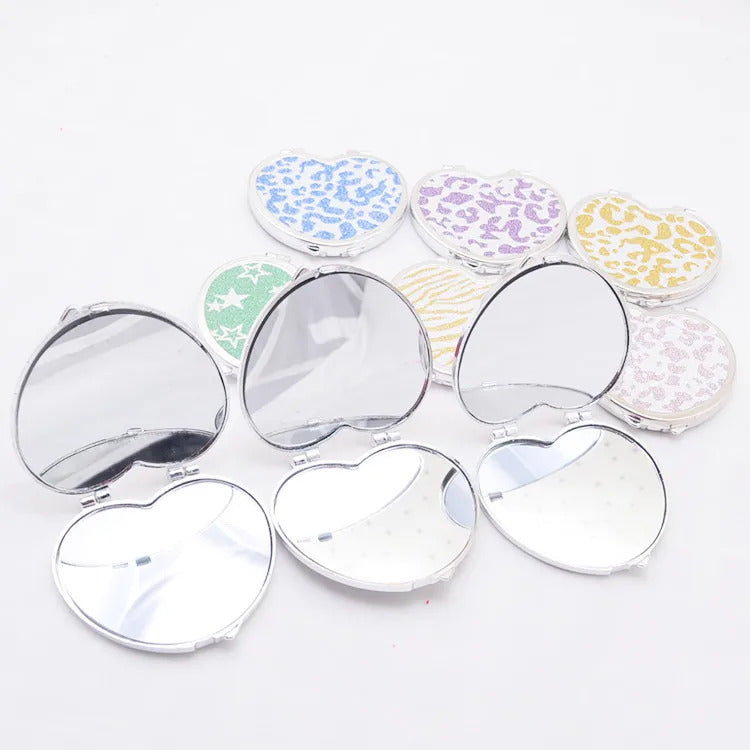 SET38  Portable Pocket Mirror Heart Shaped Folding Double-sided Mirror Steel Makeup Mirrors Small Purse Mirror of Girls Women