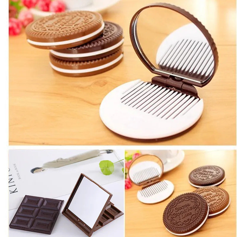 GU430 New arrivals Women Makeup Tool Pocket Mirror Make up Mirror Mini Dark Brown Cute Chocolate Cookie Shaped With Comb