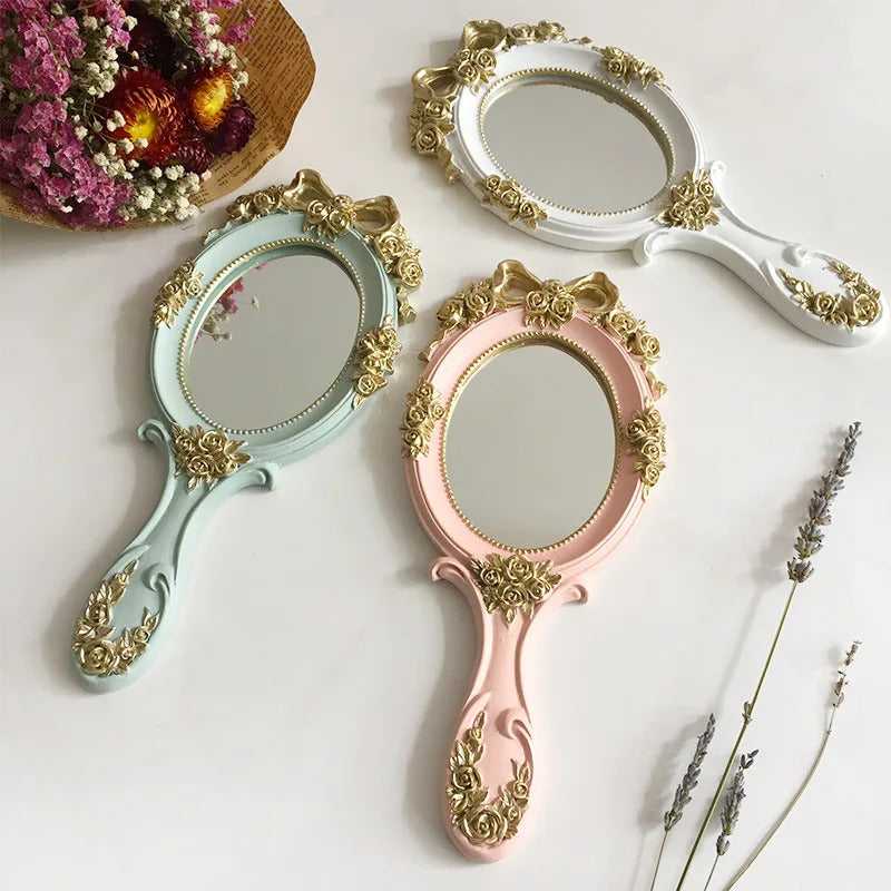 CASHOU241 European Palace Style Vintage Handheld Roses Mirror Princess Women Girls Oval Vanity Makeup Cosmetic Tool