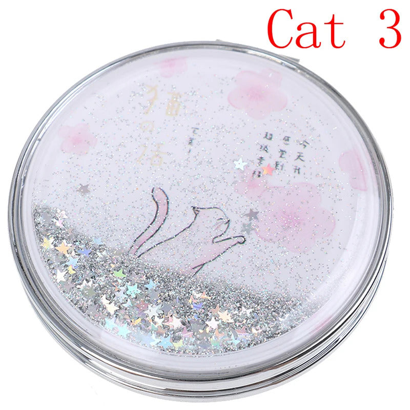 TSHOU921 Double-Sided Folding Cosmetic Mirror Mini Makeup Mirror Compact Pocket Mirror Female Gifts With Flowing Sparkling Sand