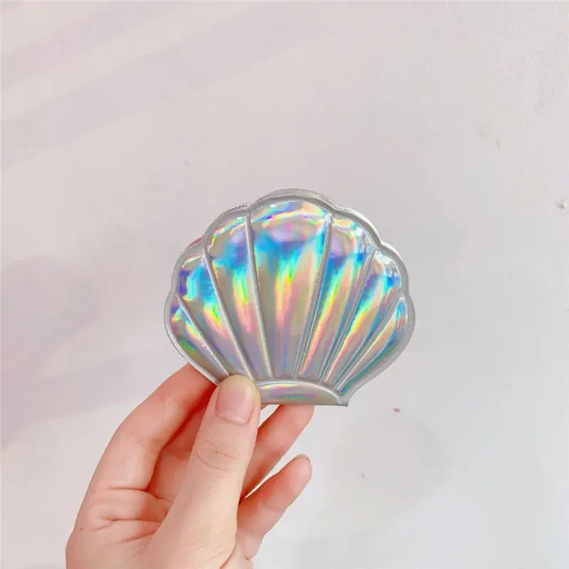 CX218 Creative Sea Shell Shaped Holographic Rainbow Colored Magnifying Compact Cosmetic Double Sided Folding Pocket Mirror