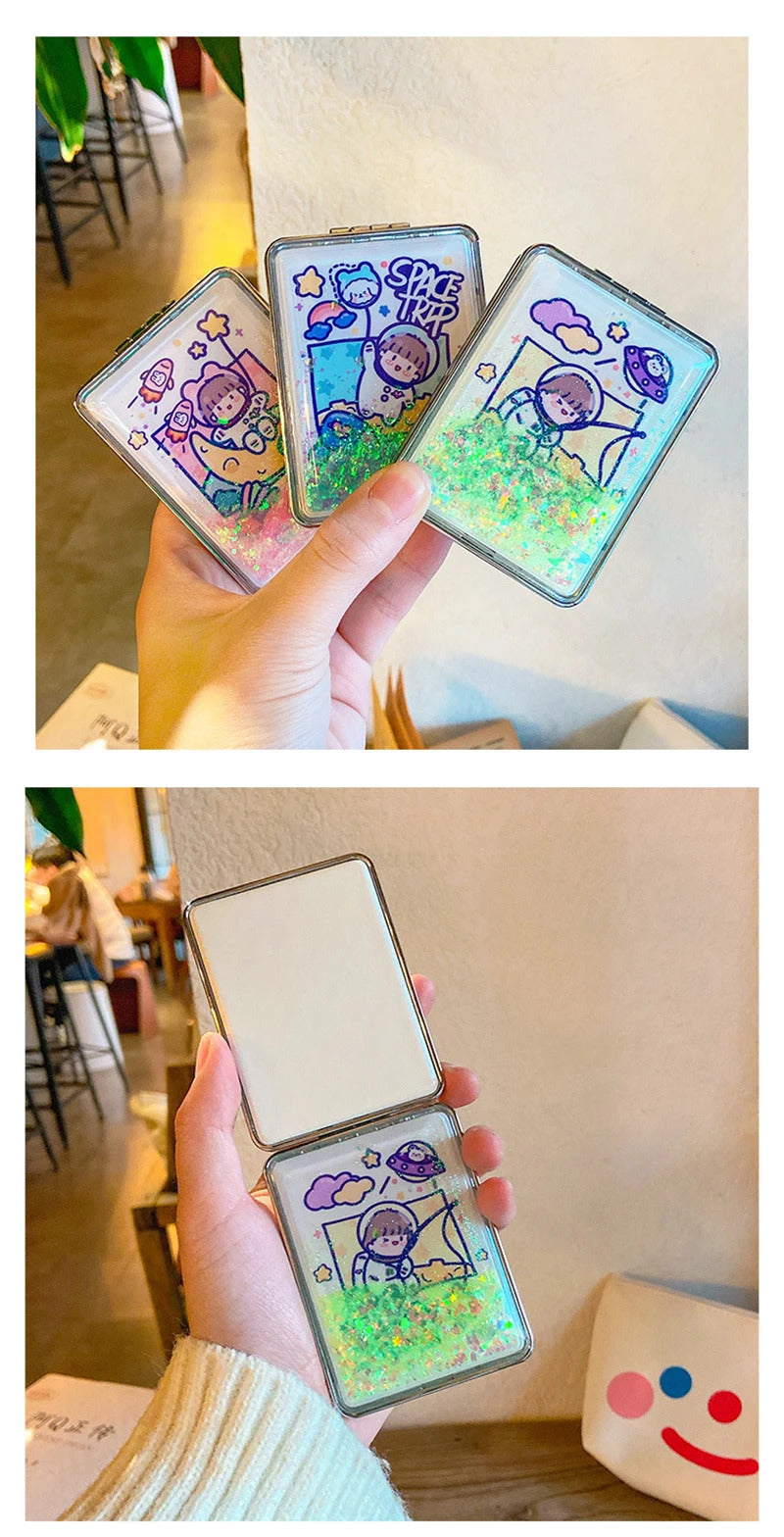 CX72  Women Cosmetic Mirrors for Gift Cute Mirror Cartoon Mirror Portable Two-side Folding Make Up Mirror Mini Makeup Compact